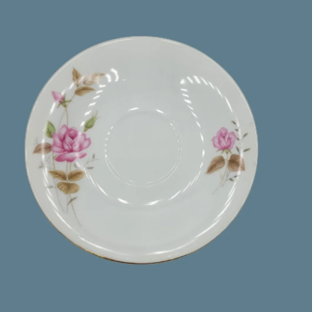 Elegant Rose Pattern Porcelain Tea Cup and Saucer Set, Gold Trim